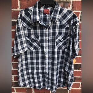 Plains Western Button Up Shirt Mens 2XL Blue Plaid Pearl Snap Short Sleeve Shirt